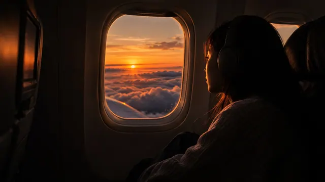 A traveler looking through an airplane window at sunset